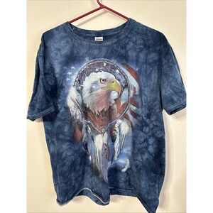 American Eagle Mens XL Shirt Blue Tie Dye Graphic Print Dream Catcher Flag